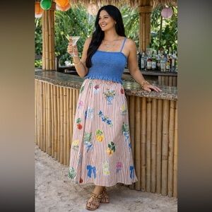 Linen Christian Siriano Striped Midi Skirt  Multicolor Floral & Fruit L.